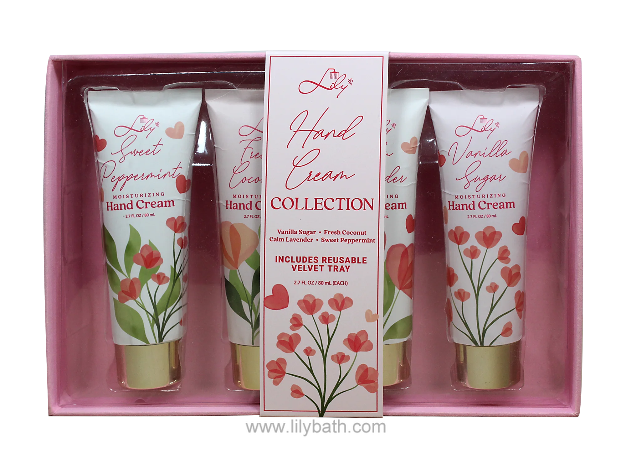 Feuchtigkeitsspendendes Handcreme-Geschenkset mit wiederverwendbarer Samtschale, 4 × 80 ml – Vanillezucker, frische Kokosnuss, beruhigender Lavendel &amp; süße Pfefferminze 1