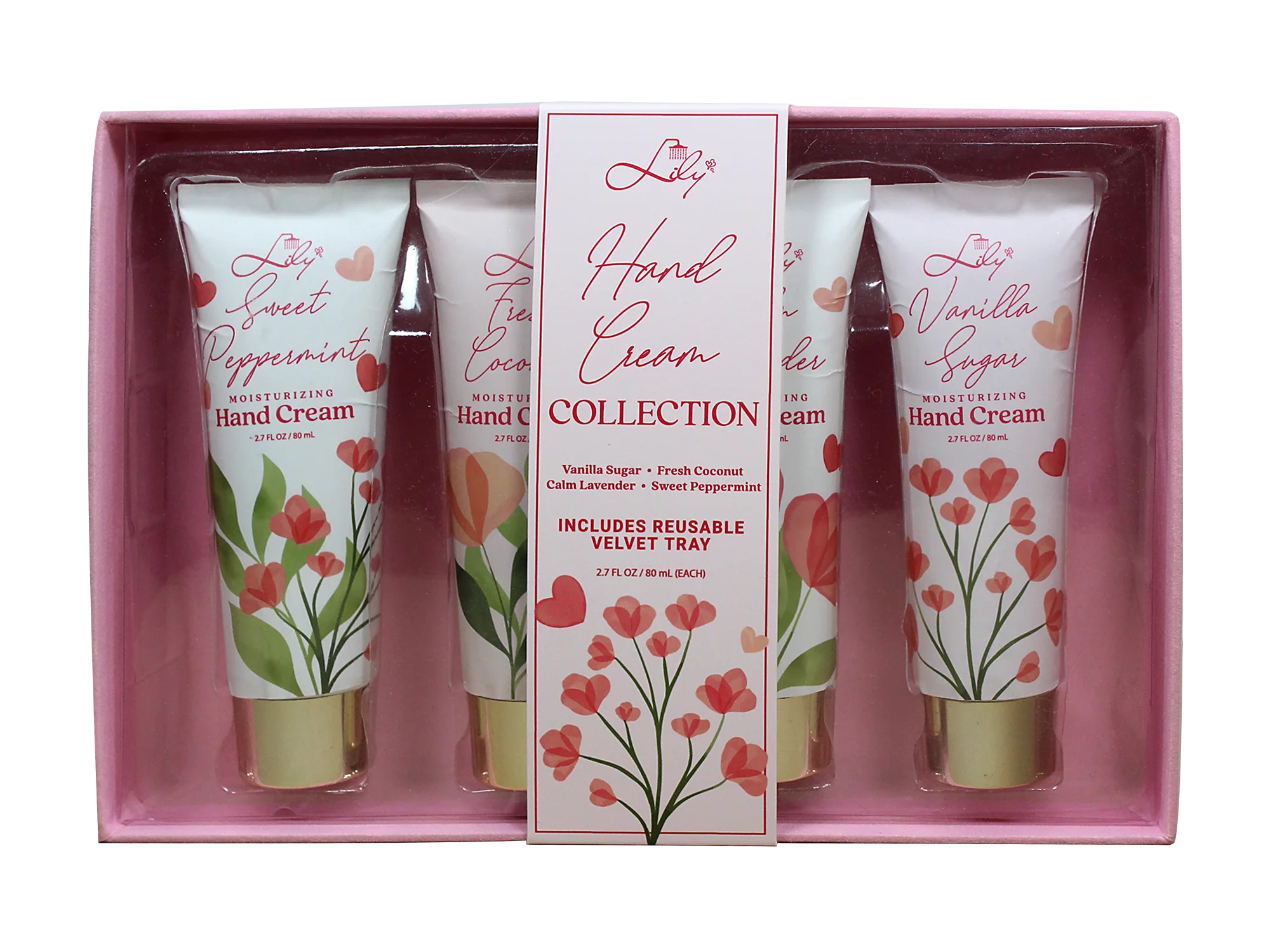 পুনঃব্যবহারযোগ্য ভেলভেট ট্রে সহ ময়েশ্চারাইজিং হ্যান্ড ক্রিম গিফট সেট, ৪ × ২.৭ ফ্লু আউন্স / ৮০ মিলি — ভ্যানিলা চিনি, তাজা নারকেল, শান্ত ল্যাভেন্ডার এবং মিষ্টি পুদিনা 1