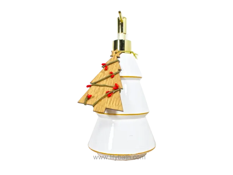 برچسب خصوصی پرسلن سفید چینی درخت کریسمس به شکل بطری کاج تولید کننده صابون دست معطر - لیلی حمام 1