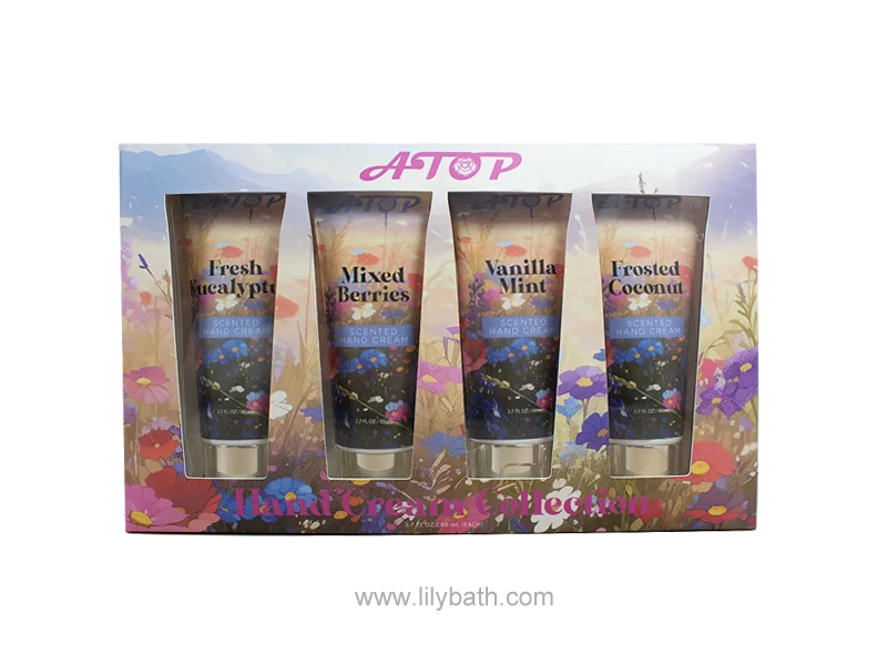 4 Pieces Scented Hand Cream Collection - Eucalyptus, Berries, Vanilla Mint, Coconut - Watercolor Floral Gift Set 1