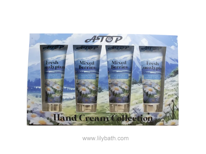 Mini-Reisegröße, 4er-Pack, Duft-Handcreme-Kollektion – Frischer Eukalyptus &, gemischte Beeren – Aquarellwiesen-Design 1