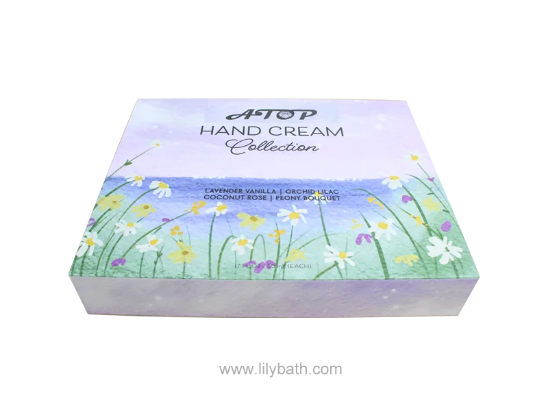 4 सुगंधित हैंड क्रीम संग्रह - लैवेंडर वनीला, ऑर्किड लिलाक, नारियल गुलाब, वाटरकलर फ्लोरल बॉक्स में पियोनी गुलदस्ता 1