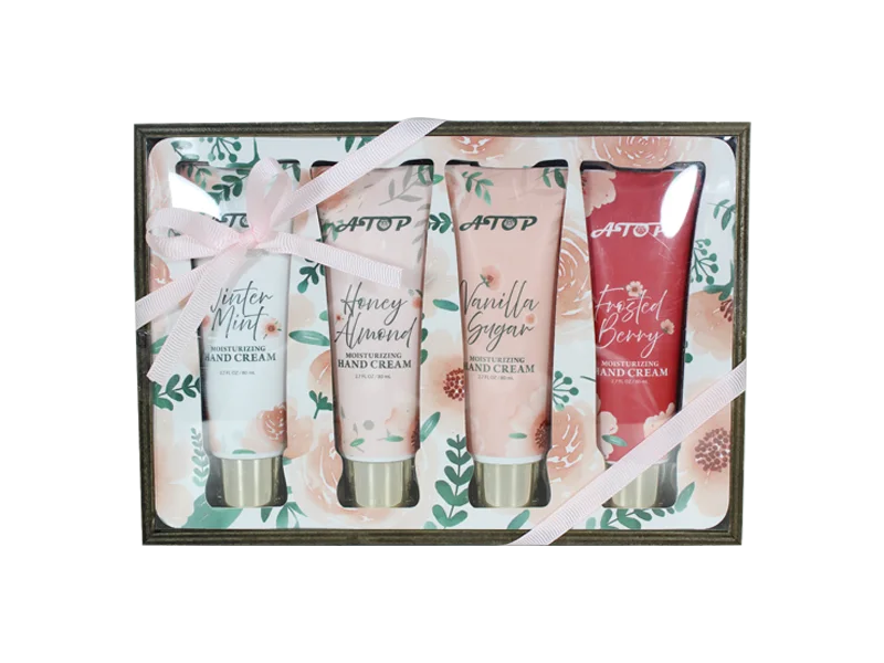 Handcreme-Set mit verschiedenen Düften – Geschenkbox aus Holz mit rosa Schleife 1