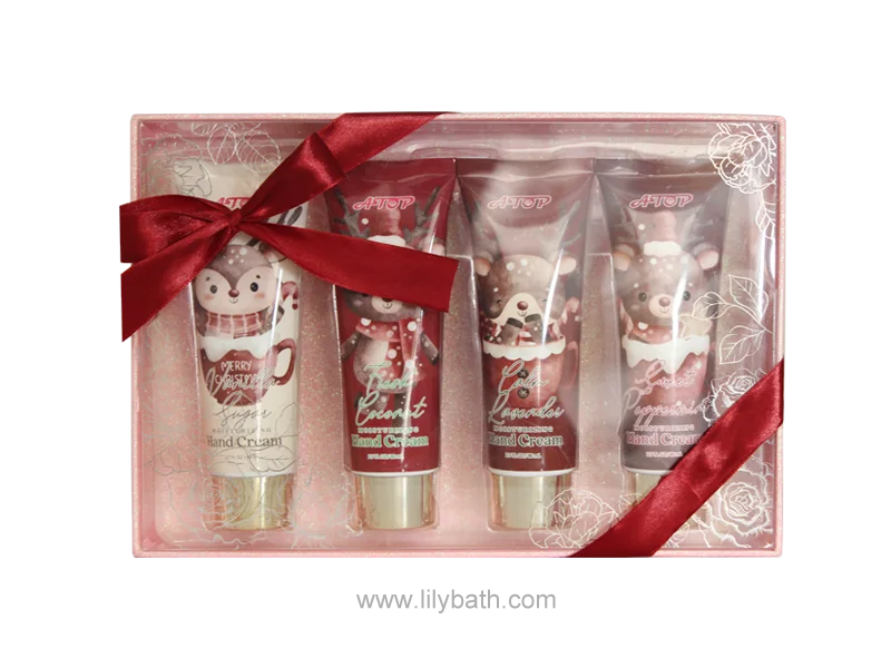 Подарочный набор для фестиваля из 4 ароматизированных кремов для рук в розовом мини-стиле с красной лентой - Lily Bath 1