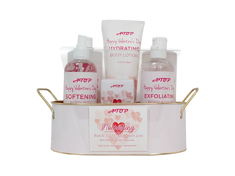 Valentine's Day 6 Pieces Bath Gift Collection - Nourishing Body Care Set with Pink Heart-themed Metal Tray 1
