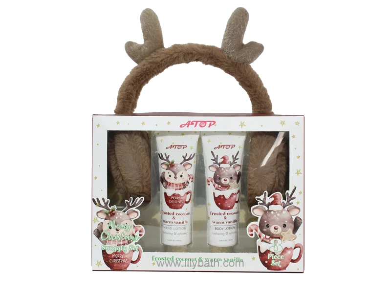 2-in-1 크리스마스 핸드 & 바디 로션 세트 (퍼지 레인디어 이어머프 포함) - 프로스티드 코코넛 & 따뜻한 바닐라, 수분 공급 홀리데이 선물 1