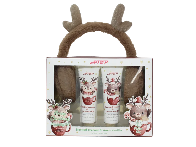 Conjunto de loção corporal e para mãos 2 em 1 de Natal com protetores auriculares de rena felpuda - Coco fosco & Baunilha quente, presente de Natal hidratante 1
