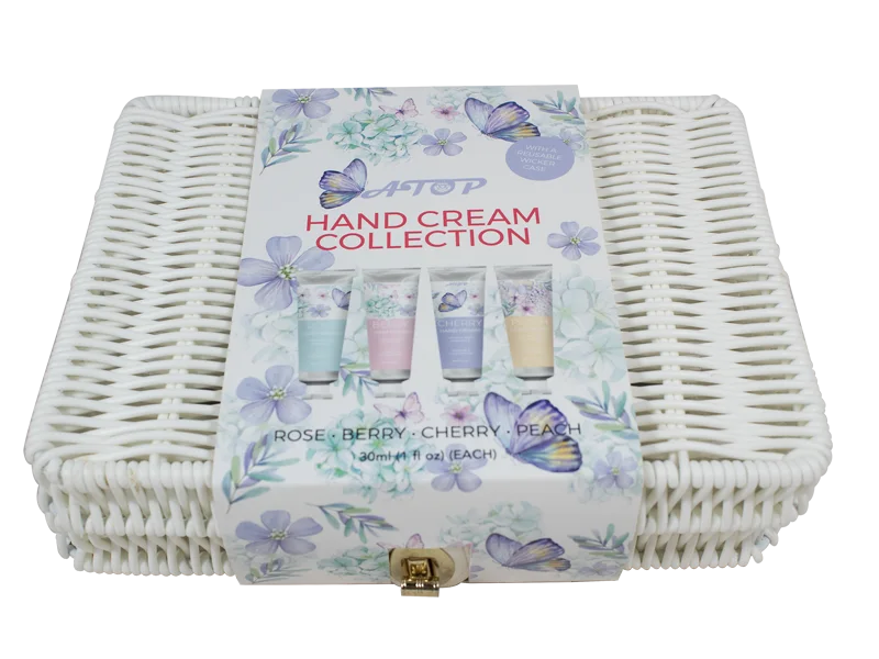 Sanfte Handcreme-Kollektion in Mini-Reisegröße – Duftrichtungen Rose, Beere, Kirsche, Pfirsich in einer Geschenkbox aus Korbgeflecht 1