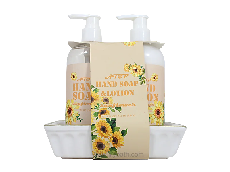 Sapone per le mani al girasole & Set di lozioni - 2 pezzi - Duo idratante profumato floreale in un vassoio di ceramica bianca 1