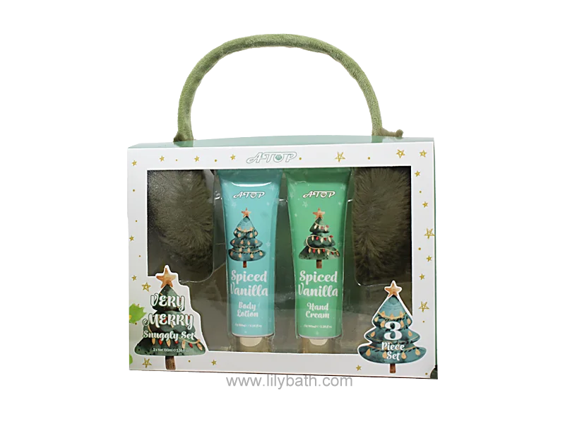 Kerst 3-delige Spiced Vanilla Body Care Gift Set - Handcrème, Bodylotion & Oorwarmers voor feestelijke verzorging 1