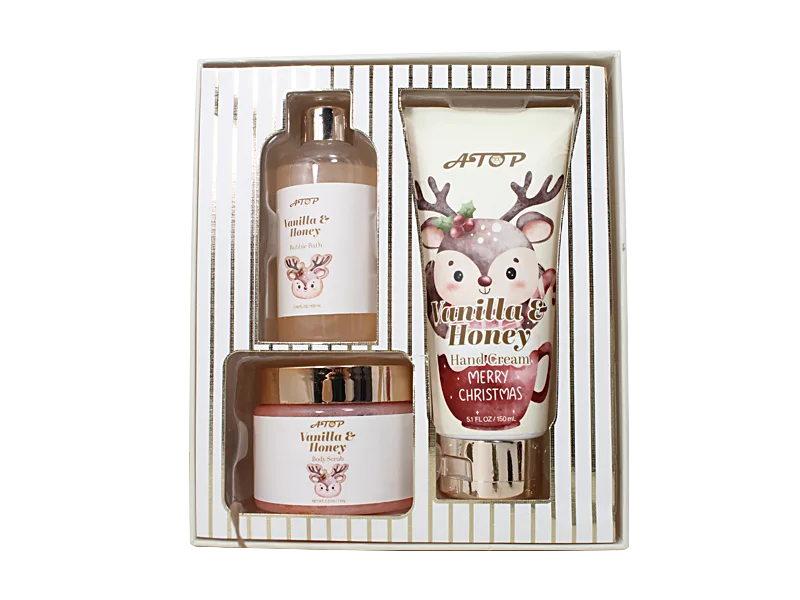 3 in 1 Vanilla & Honey Christmas Spa Self Care Set - Bubble Bath, Hand Cream & Body Scrub for Festive Nourishment 1