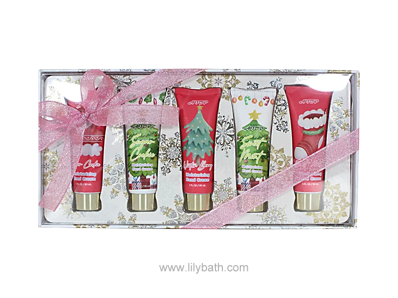5 Pieces Travel Size Christmas Hand Cream Collection - Festive Moisturizing Set in Gift Box with Pink ribbon 1