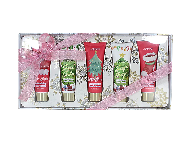 5-teilige Weihnachts-Handcreme-Kollektion in Reisegröße – Festliches Feuchtigkeitsset in Geschenkbox mit rosa Schleife 1