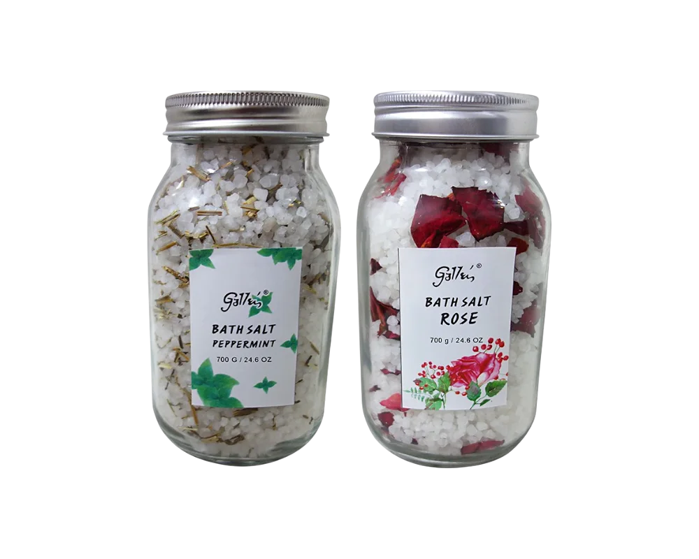 Natural Sea Bath Salt in Glass Bottle - Peppermint & Rose Scents 1