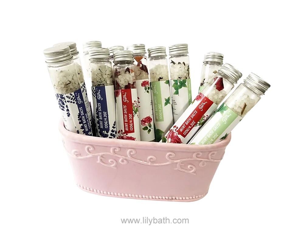गुलाबी कैडी में मिश्रित सुगंधित स्नान नमक टेस्ट ट्यूब 1