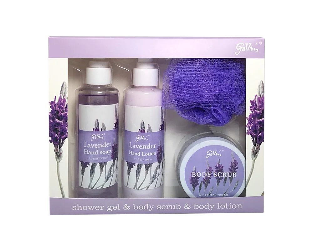 Lavender Shower Gel, Body Scrub & Lotion Set with Bath Sponge 1