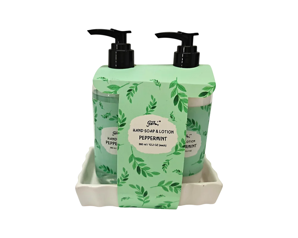 Sabonete líquido suave de hortelã-pimenta OEM & Conjunto de loção para uso doméstico em bandeja de cerâmica 1