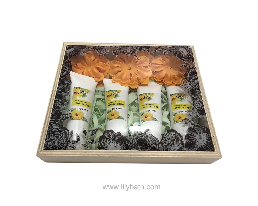 Loción de manos de caléndula officinalis natural en formato de viaje, set de regalo (4 unidades, 23 g cada una), crema hidratante calmante con base de madera. 1