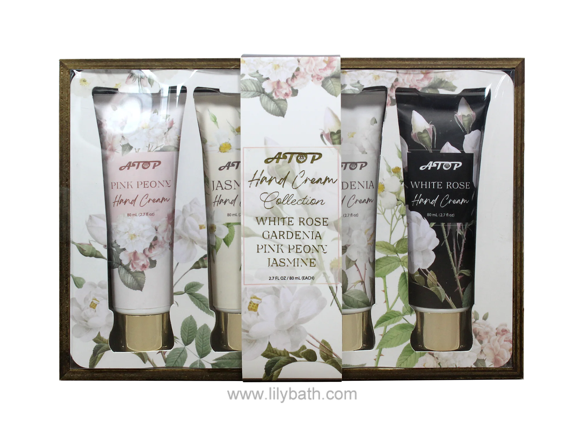 Florale Handcreme-Kollektion im Holztablett, darunter Weiße Rose &amp; Gardenie &amp; Rosa Pfingstrose &amp; Jasmin - Lilienbad 1