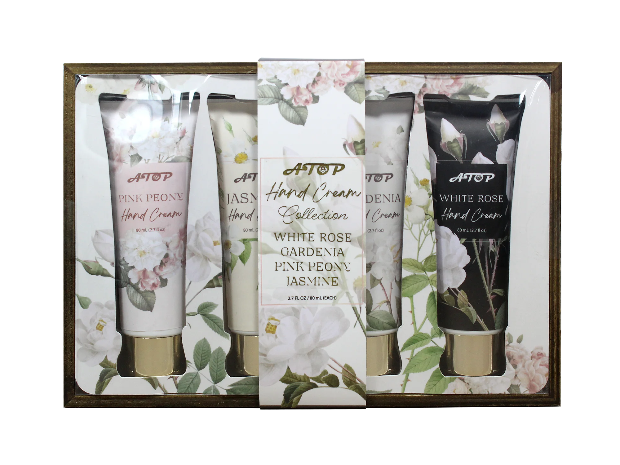 Floral Hand Cream Collection in Wooden Tray Including White Rose & Gardenia & Pink Peony & Jasmine - Lily Bath 1