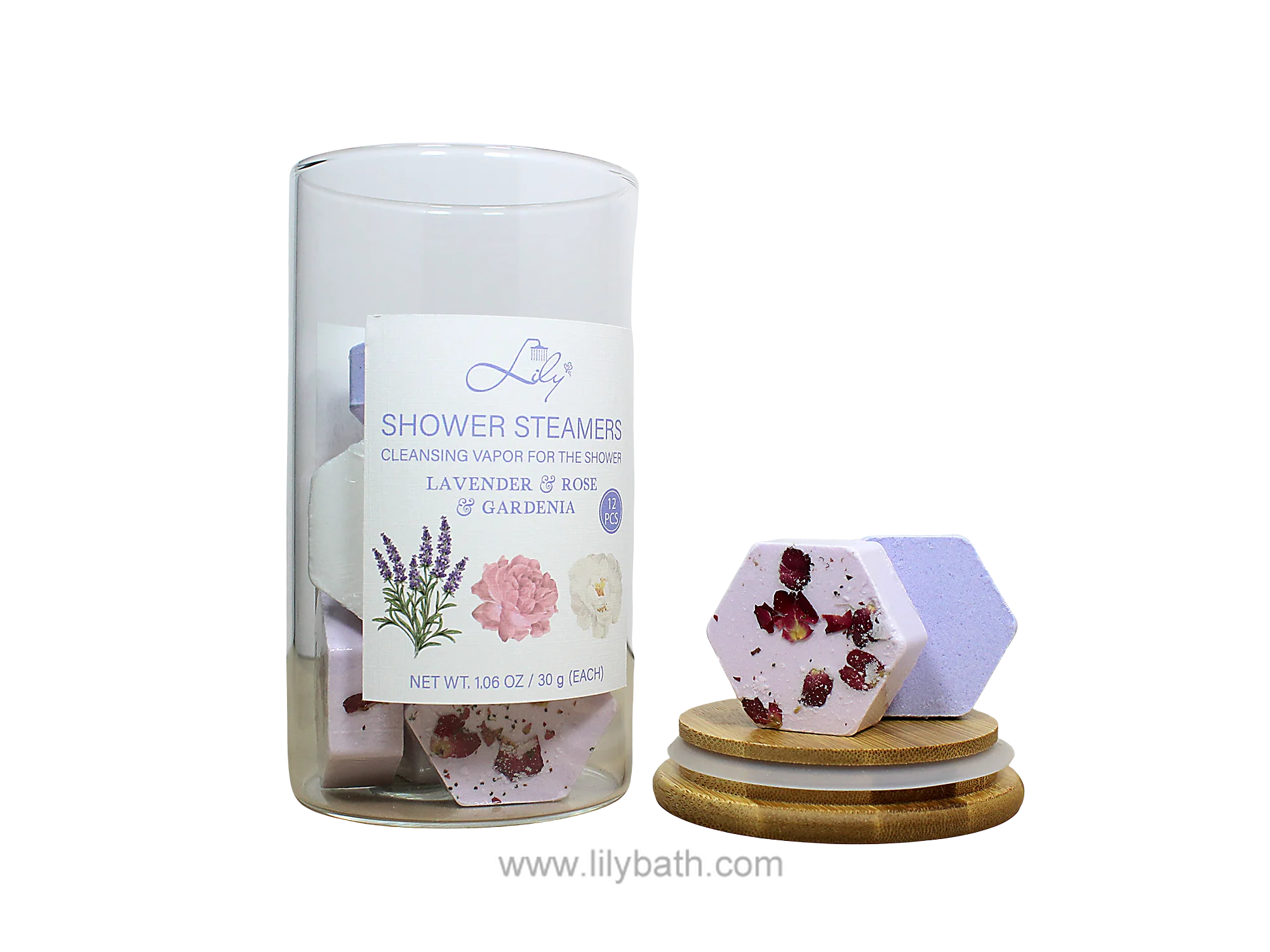 लैवेंडर रोज़ गार्डेनिया क्लींजिंग वेपर शावर स्टीमर ग्लास जार में लकड़ी के ढक्कन के साथ - लिली बाथ 1