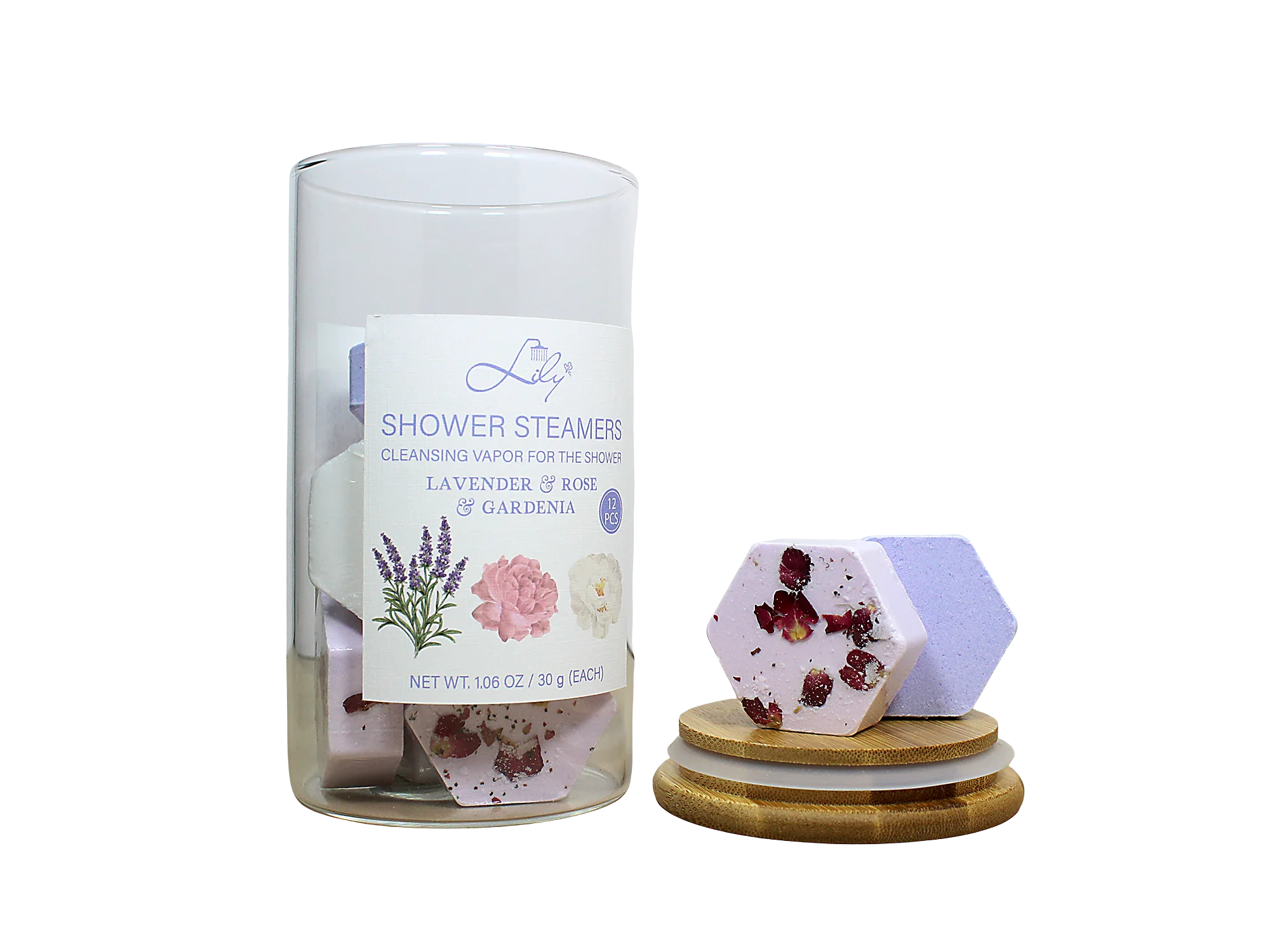 Lavender Rose Gardenia Cleansing Vapor Shower Steamer in Glass Jar with Wooden Lid - Lily Bath 1