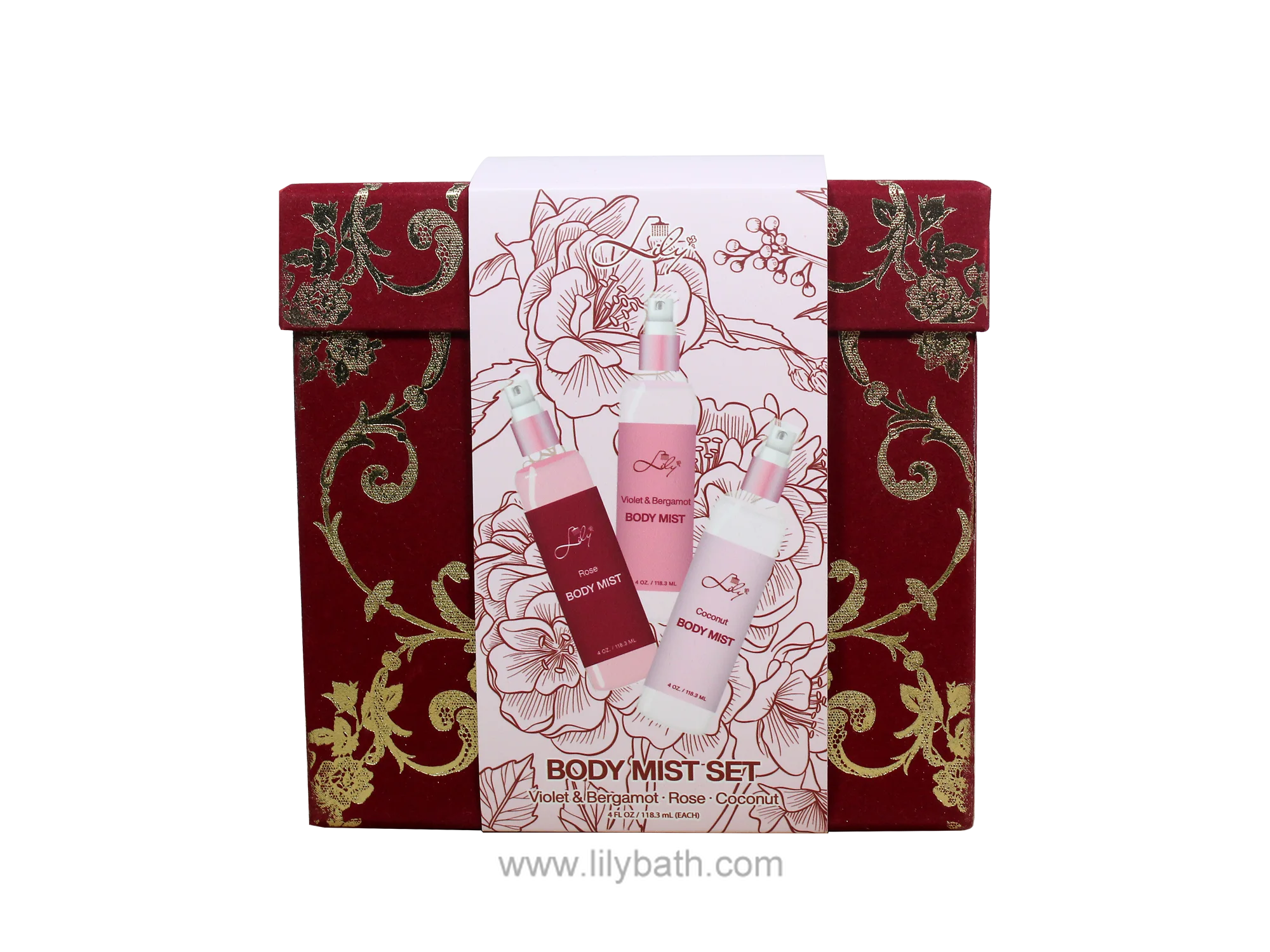 바이올렛 &amp; 베르가못 &amp; 로즈 &amp; 코코넛 향이 담긴 고급 바디 미스트 선물 세트 - 릴리 바스 1