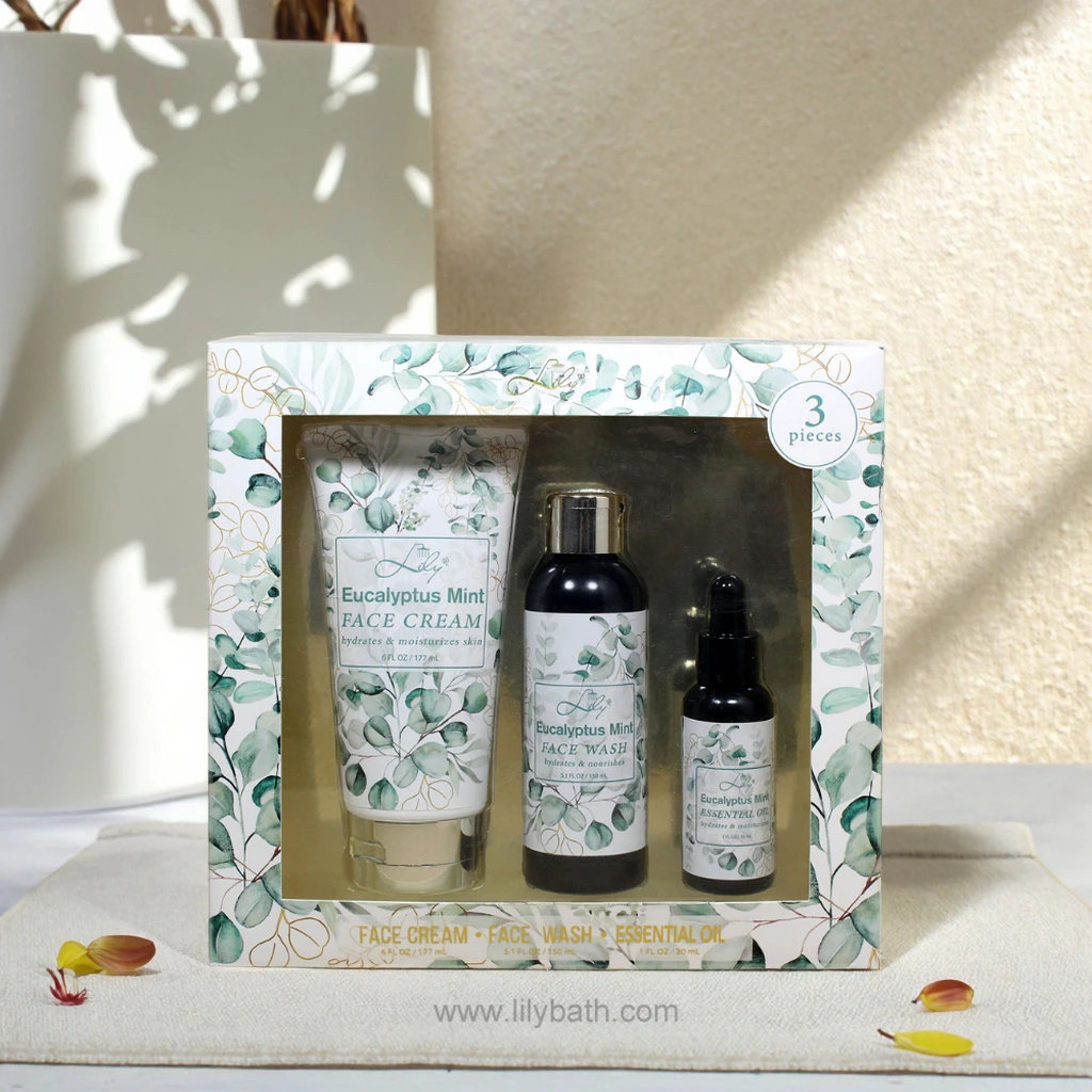 سه‌گانه مراقبت از پوست با اکالیپتوس و نعناع - مجموعه ۳ تکه شامل کرم صورت، شوینده صورت و روغن ضروری 1