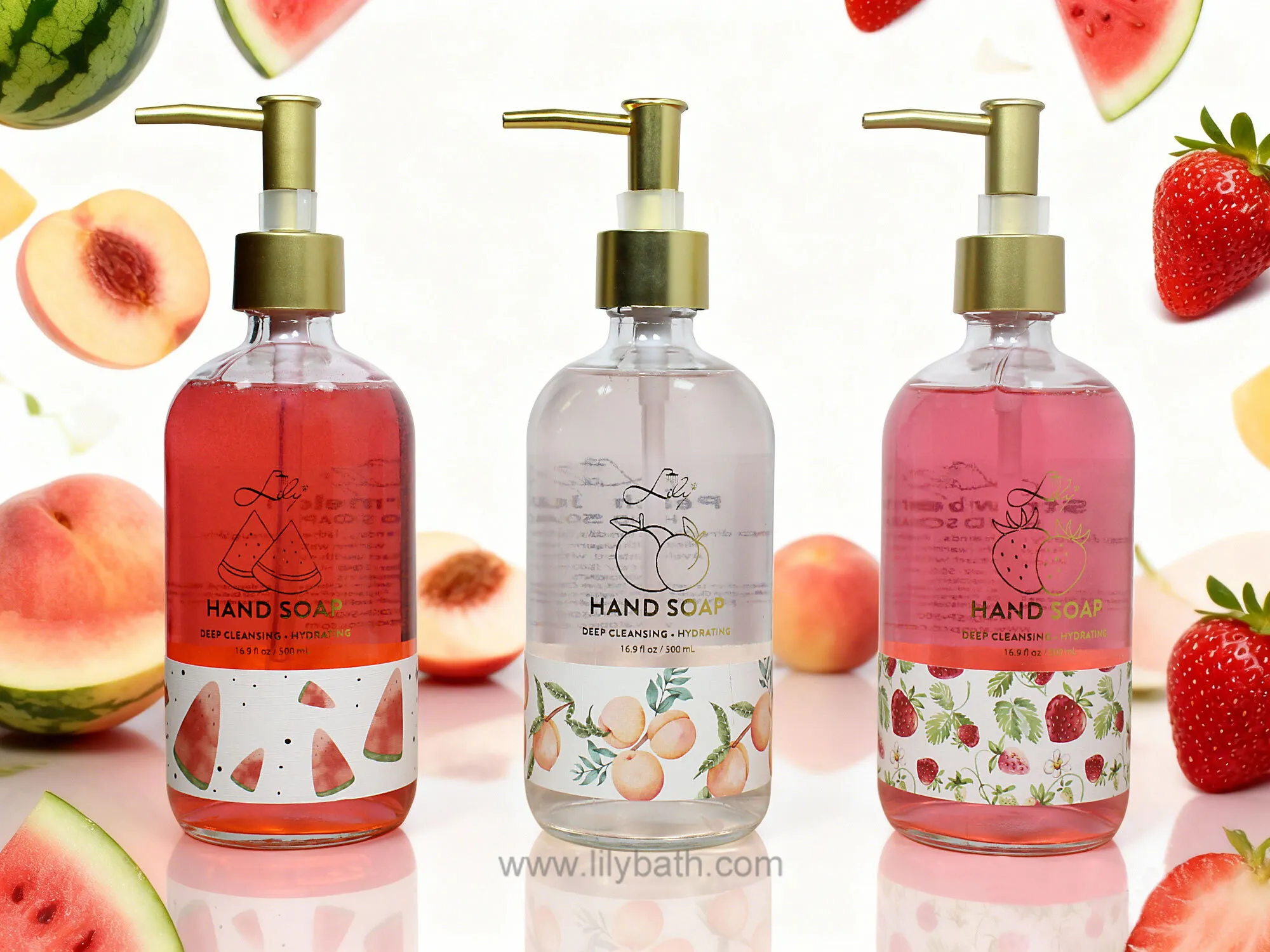 Trio de Sabonetes Líquidos para as Mãos - Limpeza Profunda e Hidratação - Aromas de Pêssego, Melancia e Toranja Rosa (500 ml) 1