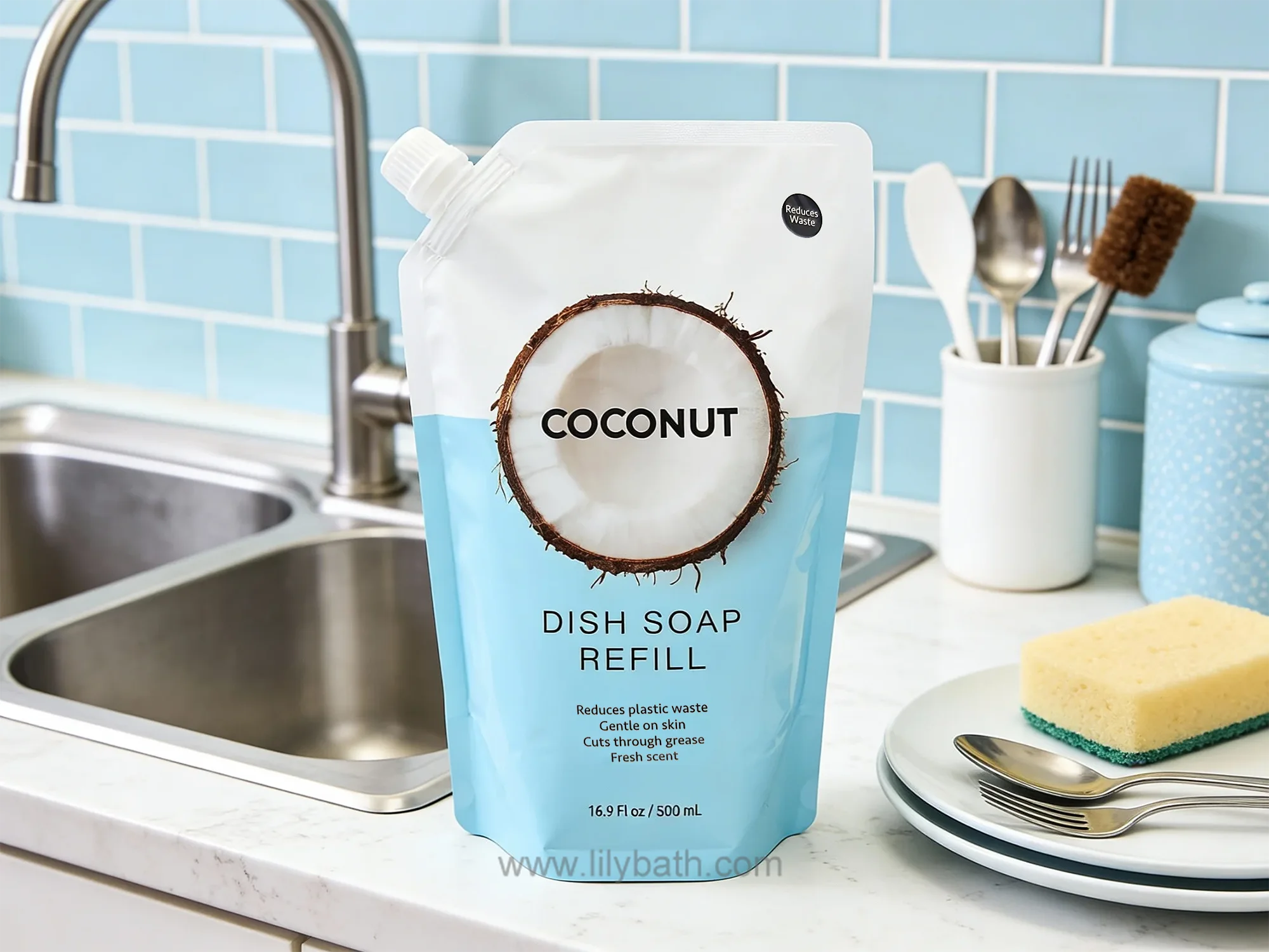 Recarga de jabón lavavajillas de coco (500 ml) – Suave desengrasante y fresco aroma a coco 1