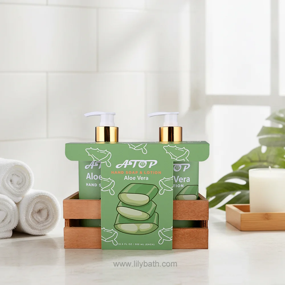 Aloe Vera Hand Soap & Lotion Set Moisturizing Care Duo with Wooden Tray - Lily Bath 1