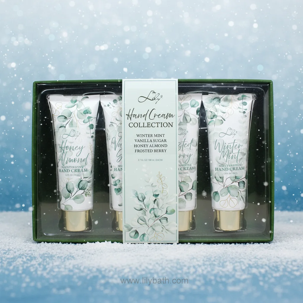 Feuchtigkeitsspendendes Mini-Handcreme-Geschenkset mit Winterminze &amp; Vanille, Zucker &amp; Honig, Mandel &amp; Frostbeere – Lily Bath 1