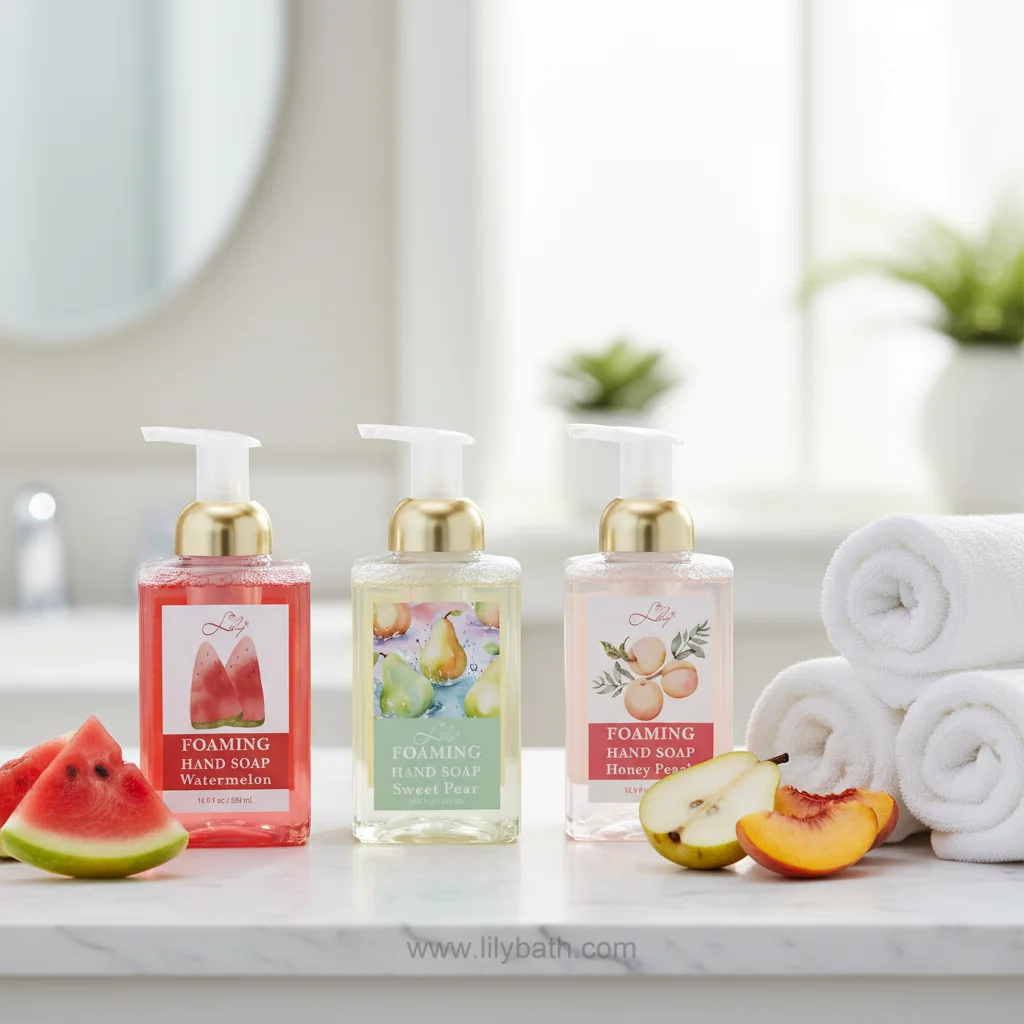 ফ্রুট ব্লিস ফোমিং হ্যান্ড সোপ ট্রিও - তরমুজ, মিষ্টি নাশপাতি এবং মধু পীচ (৩-প্যাক সেট) 1