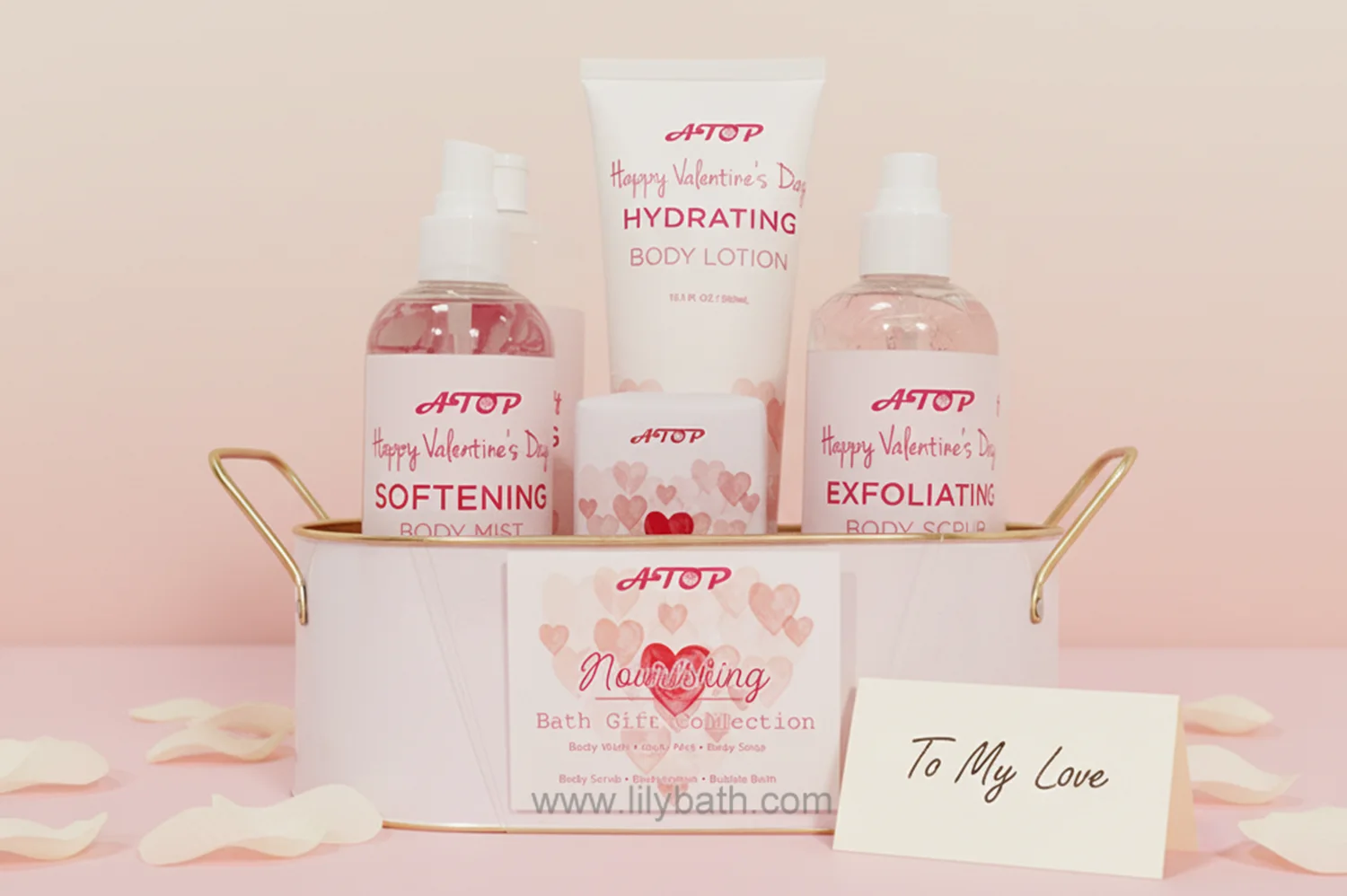 Collezione regalo da bagno da 6 pezzi per San Valentino - Set nutriente per la cura del corpo con vassoio in metallo a tema cuore rosa 1