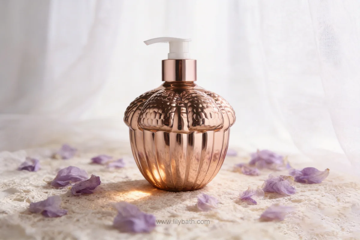 Savon liquide de luxe élégant et raffiné en forme de gland, présenté dans un flacon en plastique plaqué or, idéal pour la salle de bain et la cuisine. 1