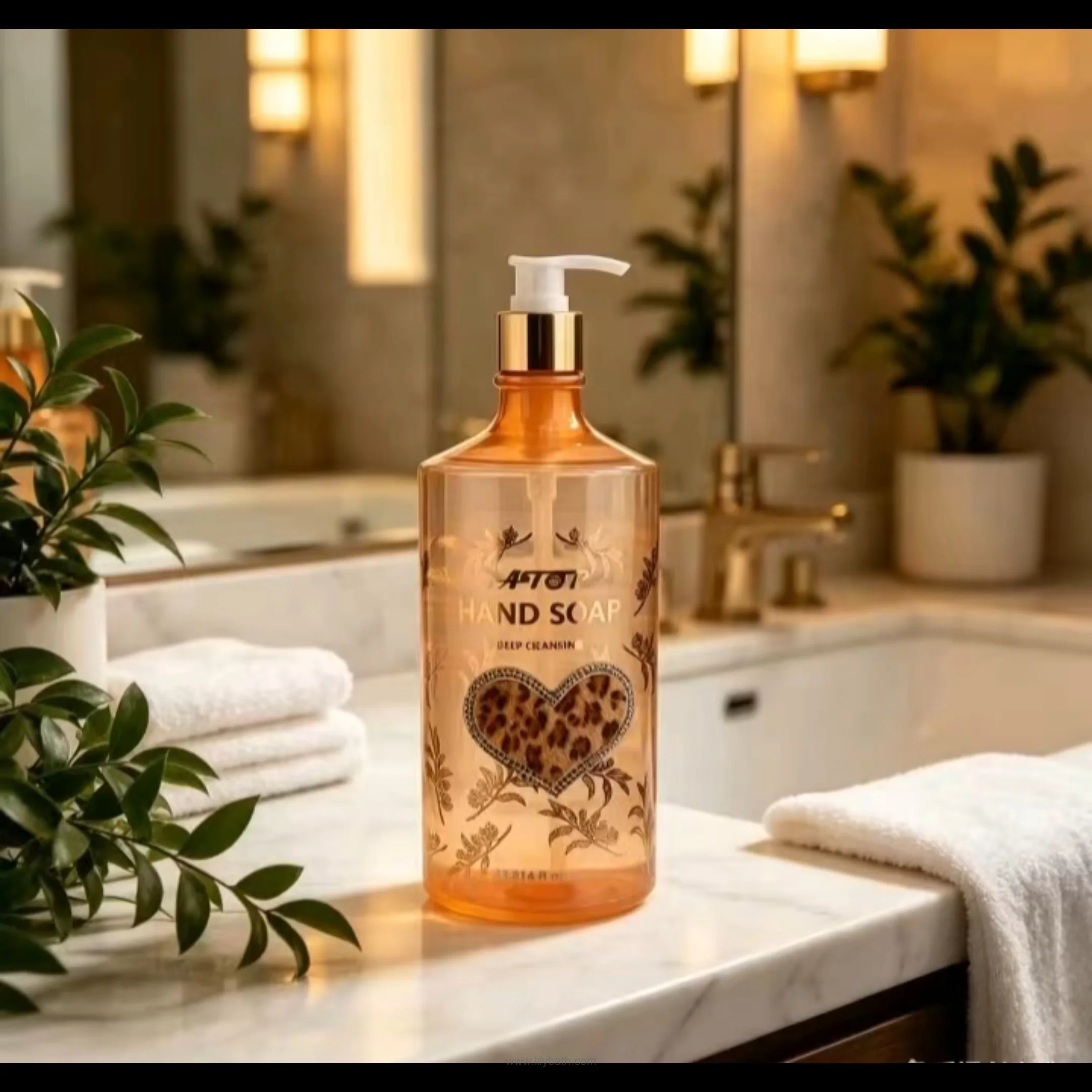 Sapone liquido mani idratante delicato ATOP da 1 litro con elegante decorazione a forma di cuore con stampa leopardata. 1